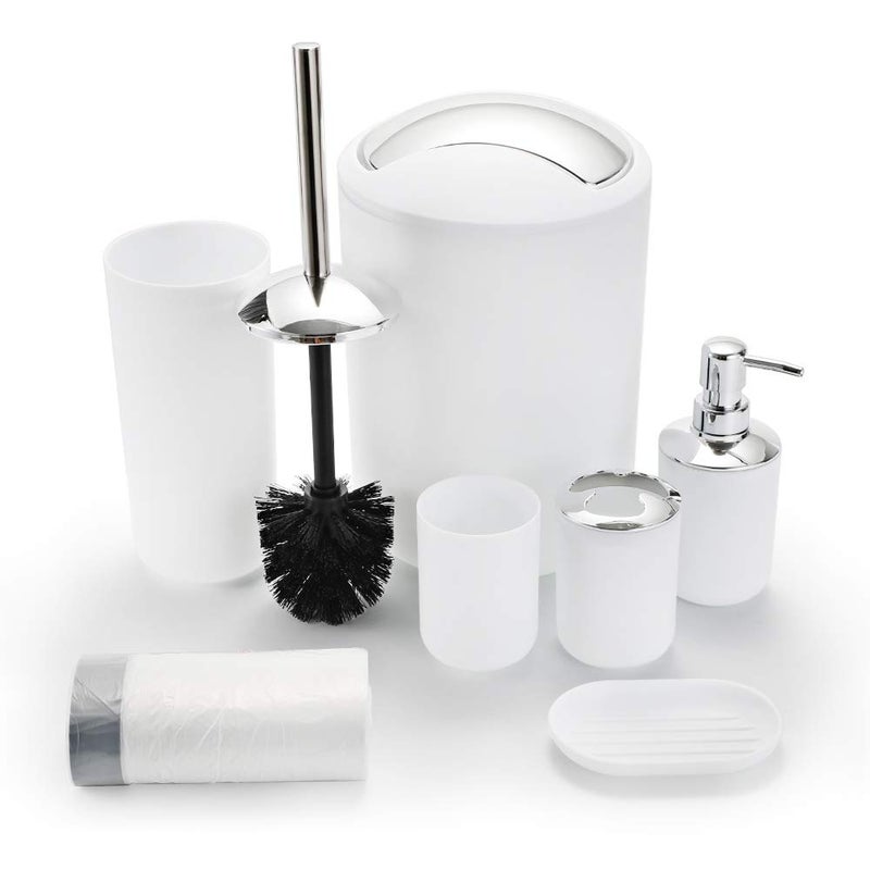UYCCIMB Bathroom Sets Accessories,Plastic 6 Piece Bathroom Accessory Set Bathroom Trash Can Set with Drawstring Trash Bags,Toothbrush Holder Set,Soap Dispenser,Tooth Mug,Soap Dish,Toilet Brush Holder(White) - Image 1
